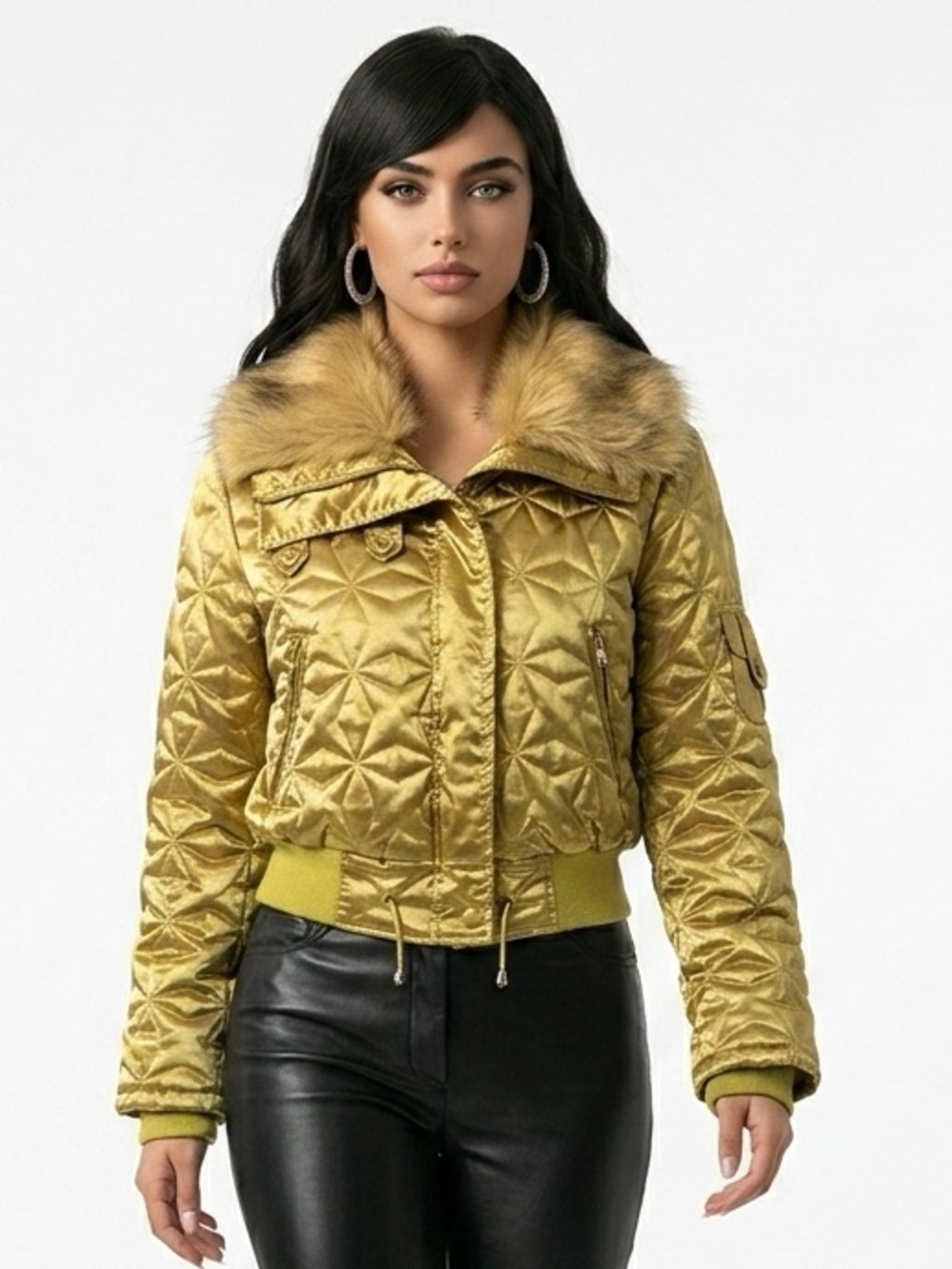 Seductions Gold Quilted Cropped Puffer Jacket Faux Fur Collar Size L/G